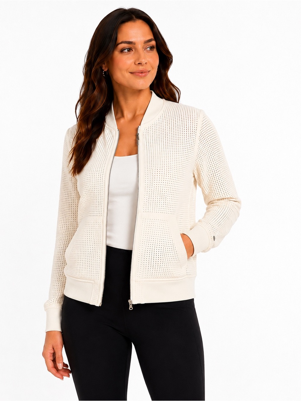 Calia by Carrie Underwood Cream Off White Perforated Mesh Bomber Jacket L EUC